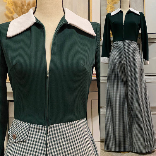 70s Houndstooth Wide Leg Jumpsuit (S, 26"W)