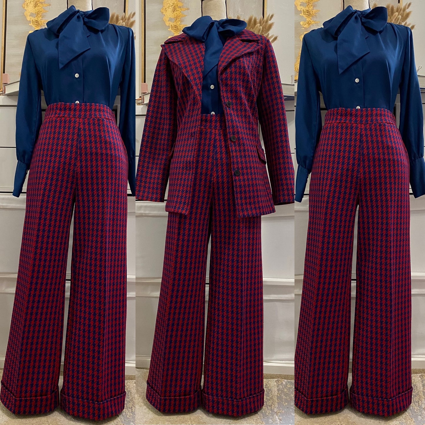 60's-70's Houndstooth 2pc Bell Bottom Pantsuit (L)