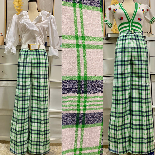 70's Neon Green Plaid Wide leg Bell bottoms (M-28” W)
