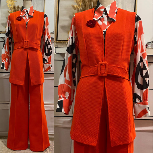 60's-70's Orange Waffle Ribbed 2Pc Vest Suit (M-L)