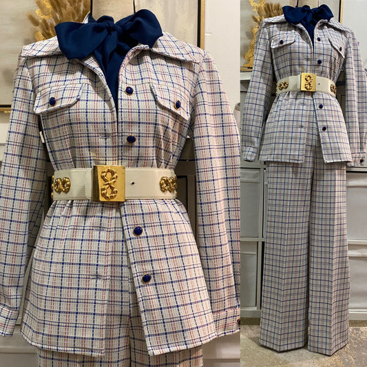 70's Blue Grid Plaid 2Pc Wide Leg Pantsuit (S, 26"W)
