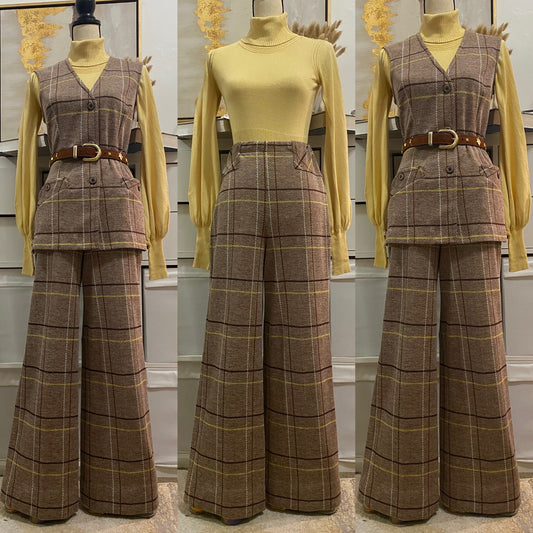60's-70's Brown Plaid, Sleeveless Vest & Wide Leg Pantsuit (S-M)
