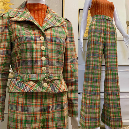70's Green & Orange Plaid 3-Piece Set - Cropped Jacket, Belt & High Rise Wide Leg Bottoms (S)