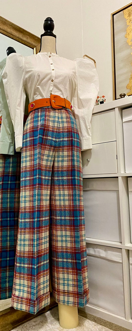 60's Plaid/Tartan High Rise Bell Bottom Flares (26"W)