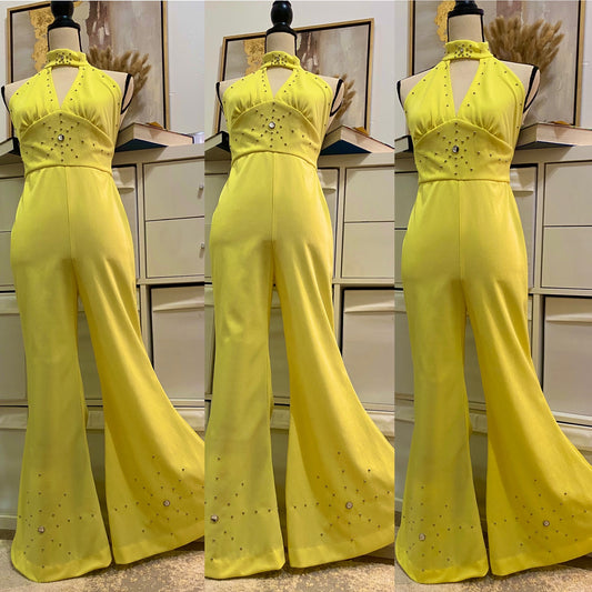 70’s Yellow Studded Bell Bottom Catsuit/Jumpsuit (M)