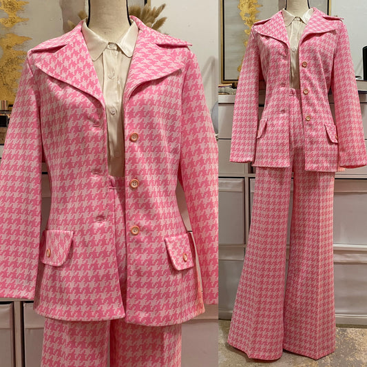 70's Houndstooth Pink 2pc Bell Bottom Pantsuit (L)