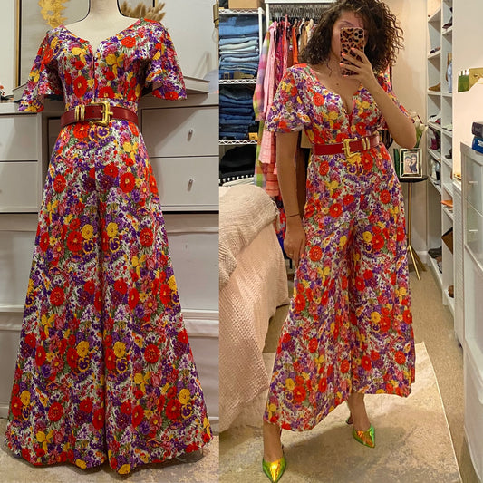 70s Colorful Floral Bell Sleeve Palazzo Jumpsuit (M)