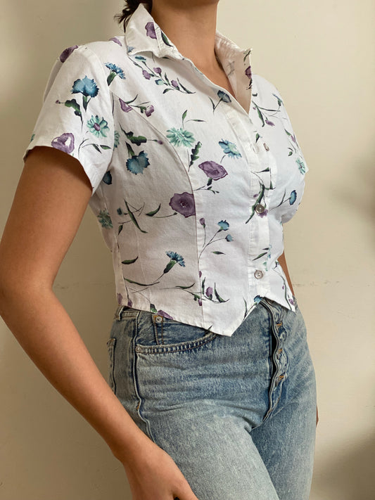 Watercolor Floral Cropped Short Sleeve Top  (S)