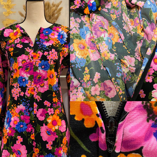 60s 70s Floral Wide Leg Bell Sleeves Jumpsuit (L)