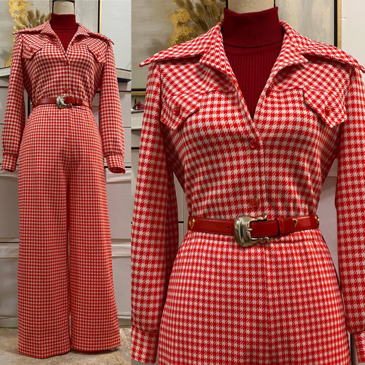 70s Houndstooth 2PC Cropped/Ankle Leisure Pantsuit (M-L, 30"-33"W)
