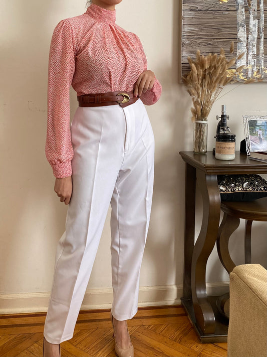 Abstract High Ruched Mock Neck, Long Sleeve Blouse (S)