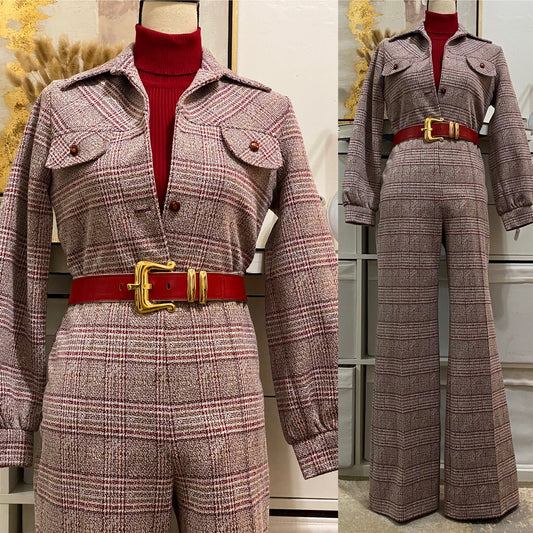 70's 2Pc Plaid, Wide Leg Leisure, Pantsuit (L, 33"-36"W)