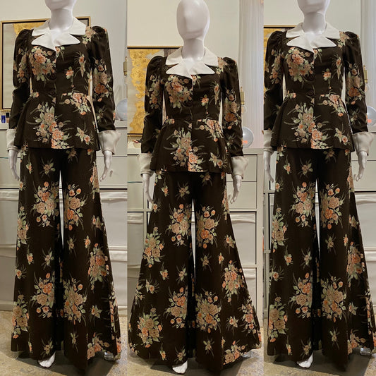 70's does 40's Floral 2Pc Peplum, Palazzo Pantsuit (XS)