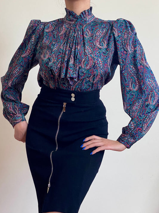 80's Multicolor Abstract Cravat Bown Victorian Style Blouse (S-M)