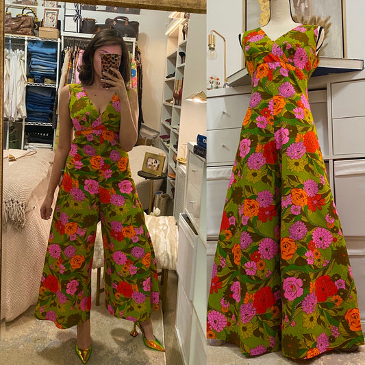 60s-70s Sexy Bright Floral Bell Bottom Wide Leg Jumpsuit (M)