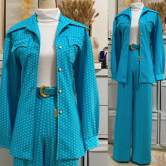70's Polka Dot 3Pc Pantsuit; jacket, belt, pants (L)