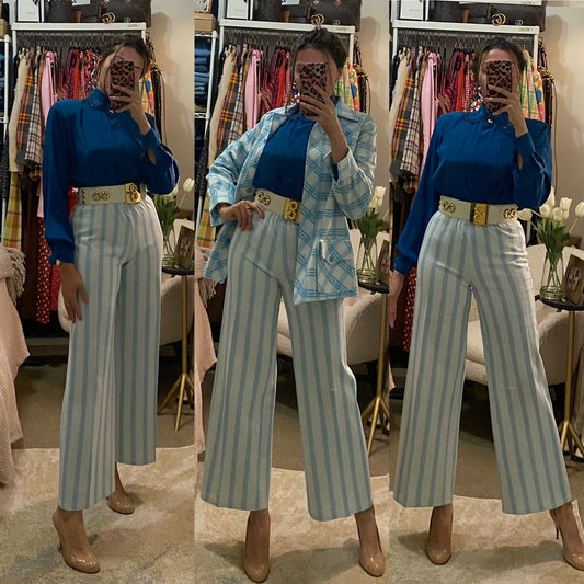 70s 2pc Blue Plaid Striped Pantsuit - Bell bottom flares & Jacket (S-L)
