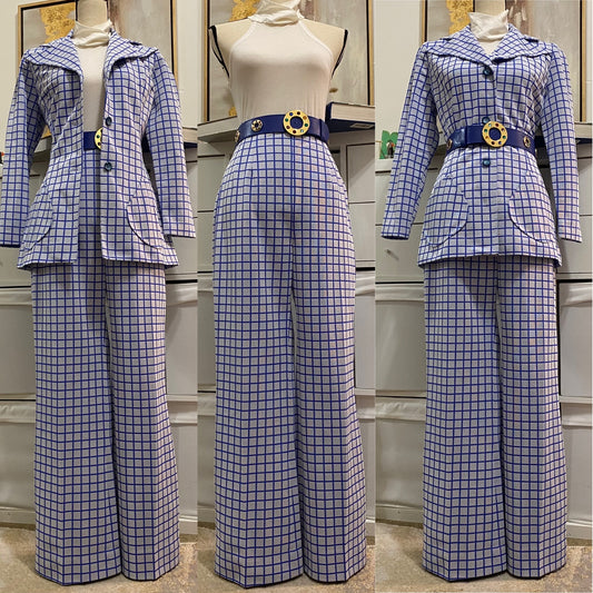 70s Windowpane 2PC Pantsuit (XS, 25"W)