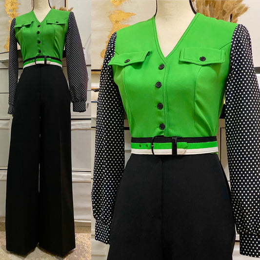 70s polka dot wide leg jumpsuit (XS-S)