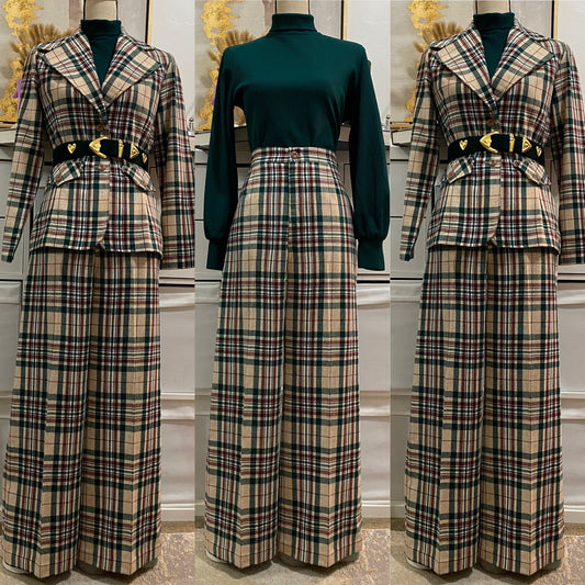 70's Autumnal Plaid 2PC Pantsuit (M, 28"-29"W)