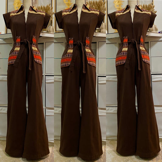 70's Patchwork Crinkle Cotton Wide Leg Chocolate Brown Jumpsuit (S-M)