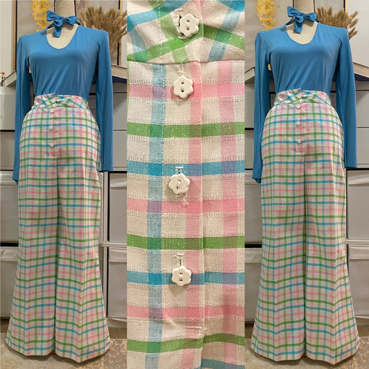 70s Pastel Rainbow Plaid Wide Leg Flare Pants (L)