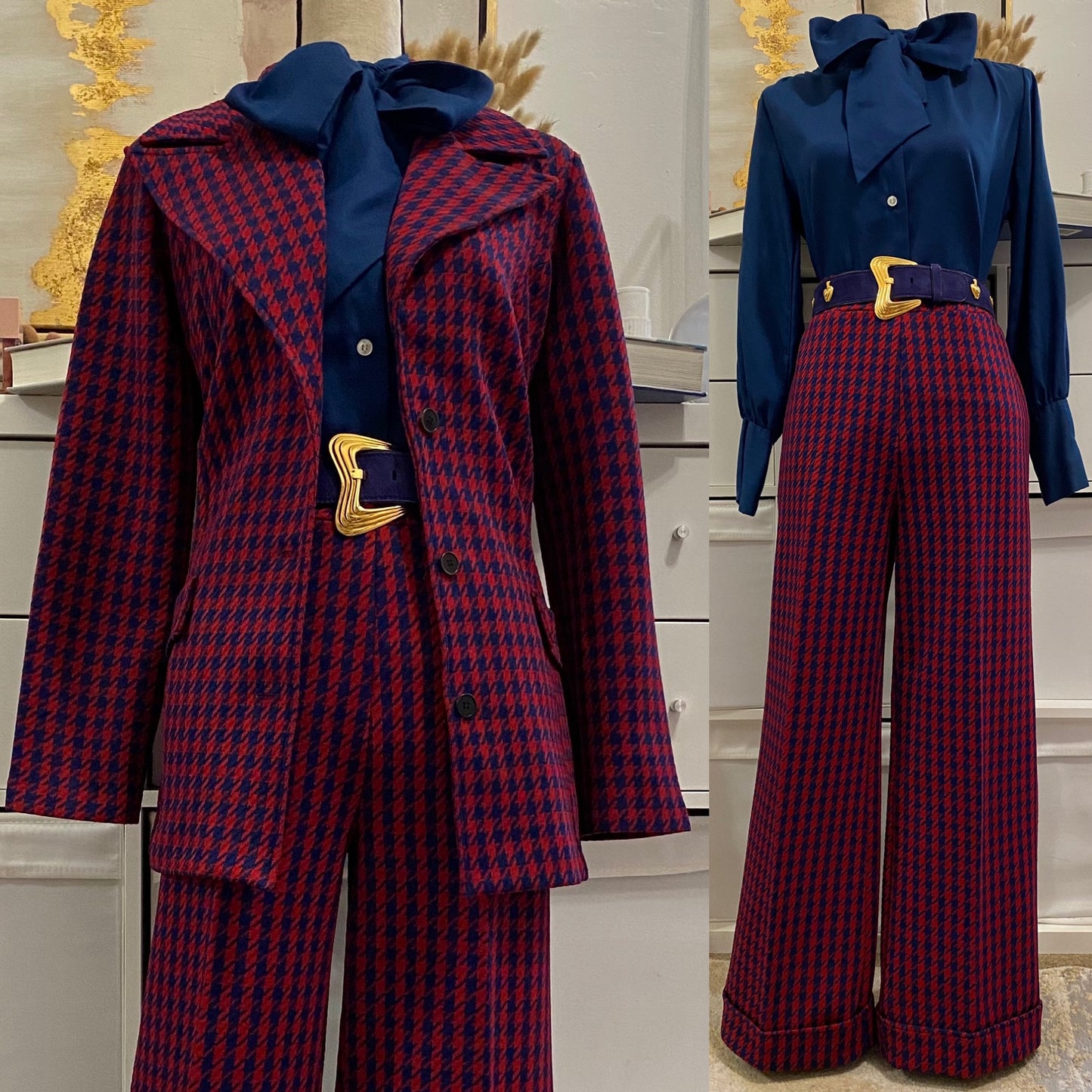 60's-70's Houndstooth 2pc Bell Bottom Pantsuit (L)