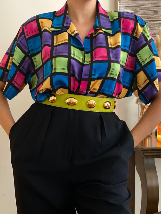 Neon Square Design Button Up Blouse