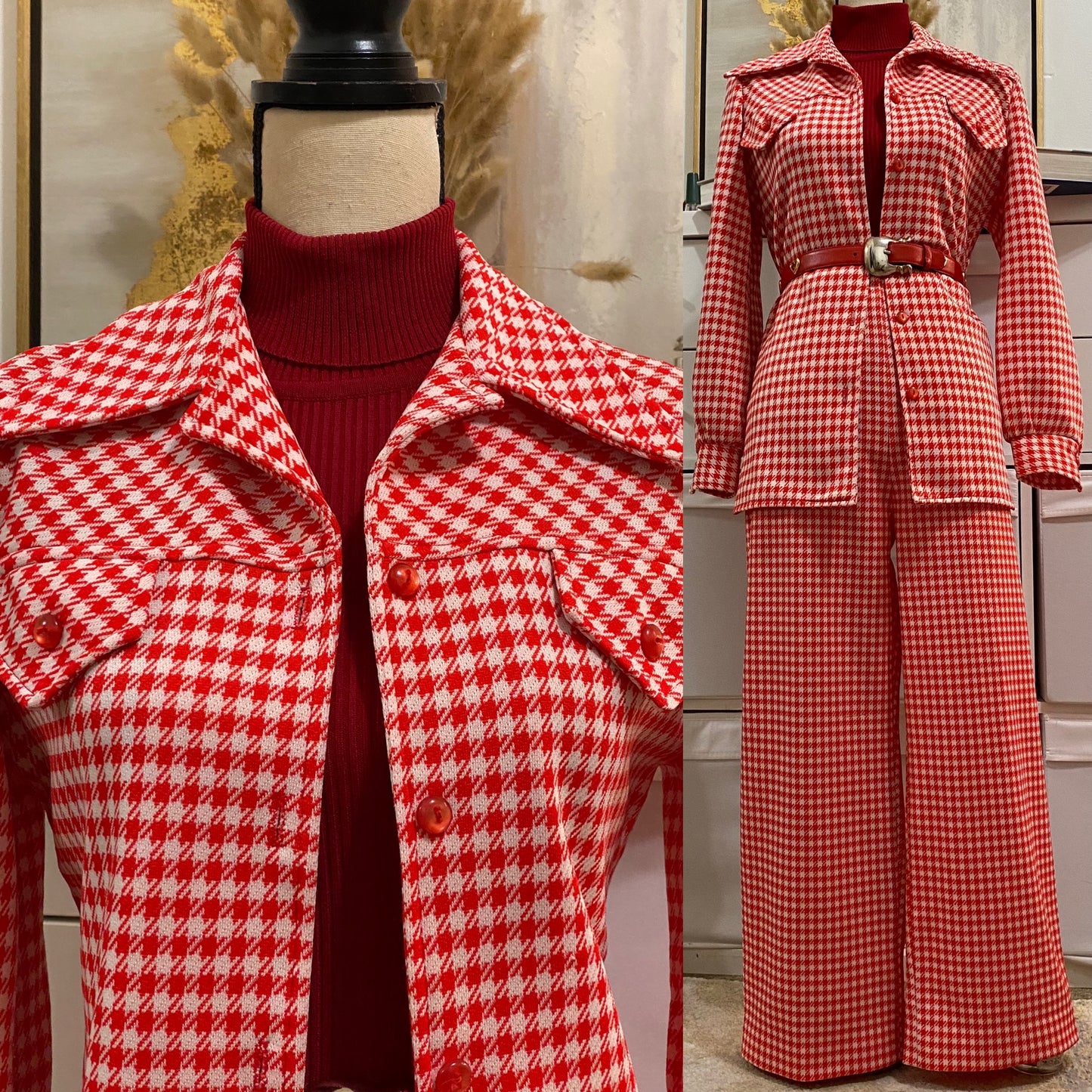 70s Houndstooth 2PC Cropped/Ankle Leisure Pantsuit (M-L, 30"-33"W)