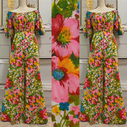 60’s-70’s Off the Shoulder Floral Wide Leg Jumpsuit (S-L)