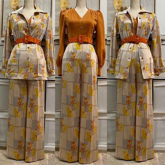 70's Peachy Sheen Floral Geometric 2PC Pantsuit (XS; 25"W)