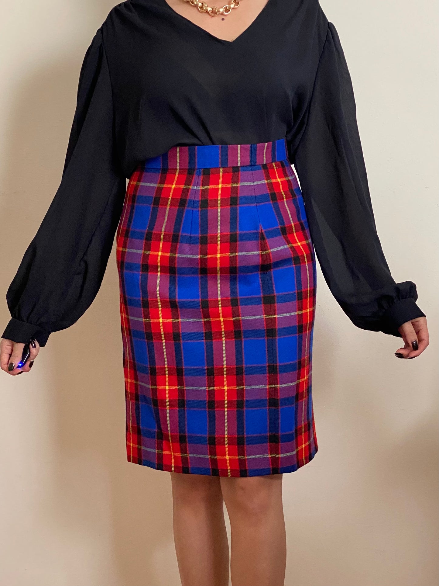 80's-90's ESCADA Plaid Rayon & Wool Knee Length Skirt (M)