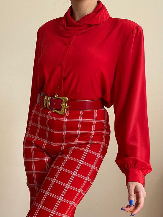 80's Crepe Shawl Neck Button Down Blouse (M-L)