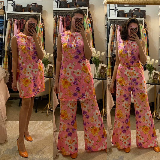 60's Floral Pantsuit - Mini Dress Top & Flared Bell Bottoms (S-L)