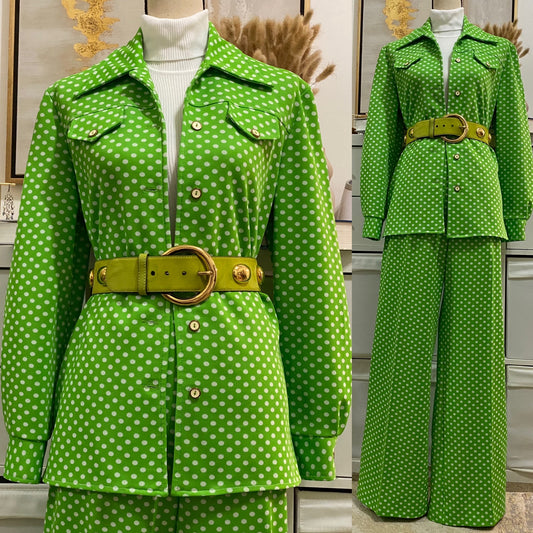 70's Lime Green Polka Dot 2Pc Wide Leg Pantsuit (M-L)