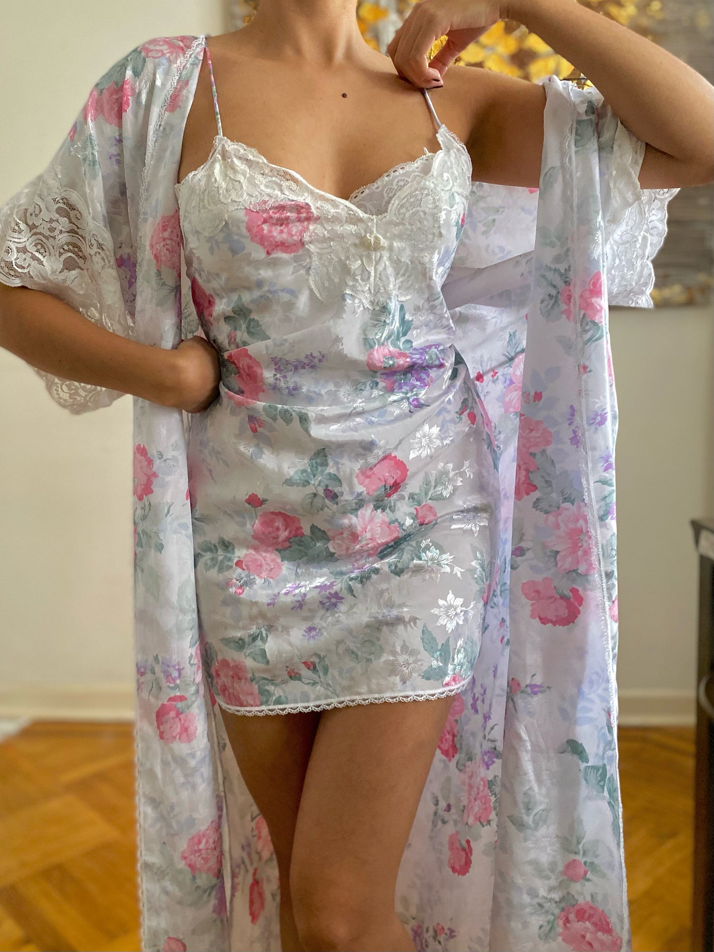 80's Floral Full Length Robe & Slip Set (M)