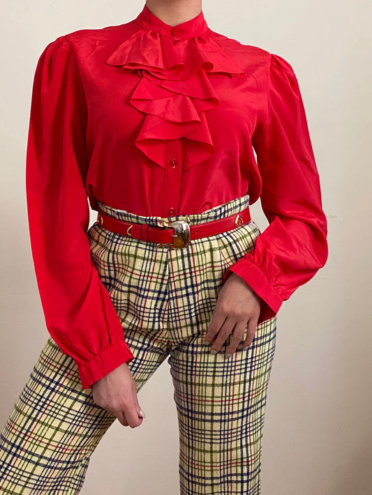 80's Ruffle Cravat Bow Collar Long Puff Sleeves Blouse (S-M)