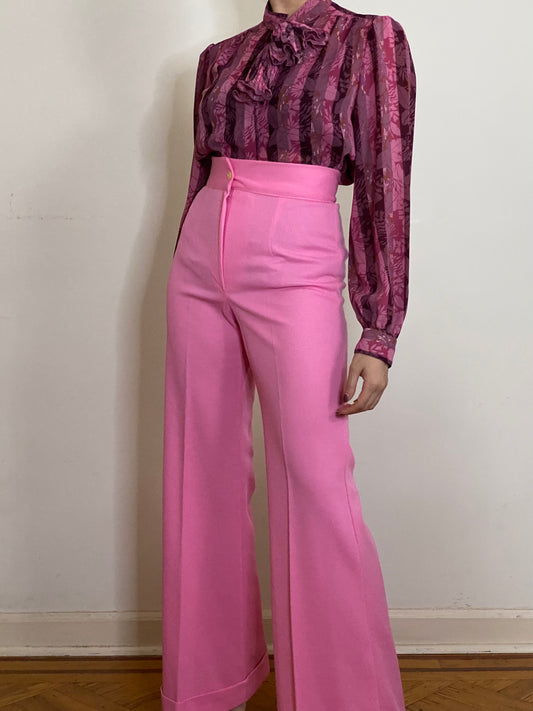 80'S Pink Floral Jabot/Ascot Bow Long Sleeve Blouse (S)