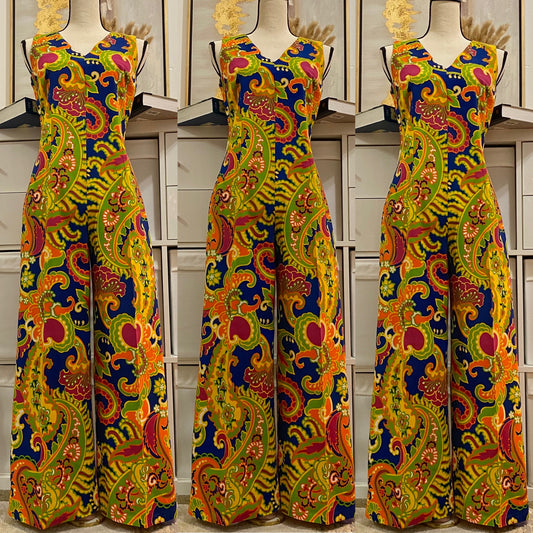 60’s-70’s Psychedelic Sleeveless Bell Bottom Jumpsuit (M-L)