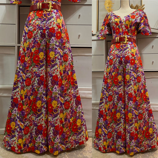 70s Colorful Floral Bell Sleeve Palazzo Jumpsuit (M)