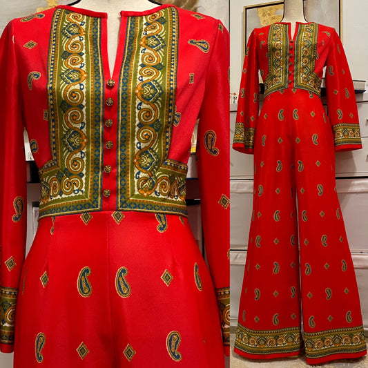 60's-70's Psychedelic Paisley Wide Leg Jumpsuit (M)