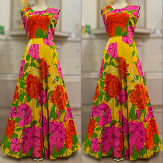 60s-70s Bright & Floral Palazzo Jumpsuit (XS, 24"W)