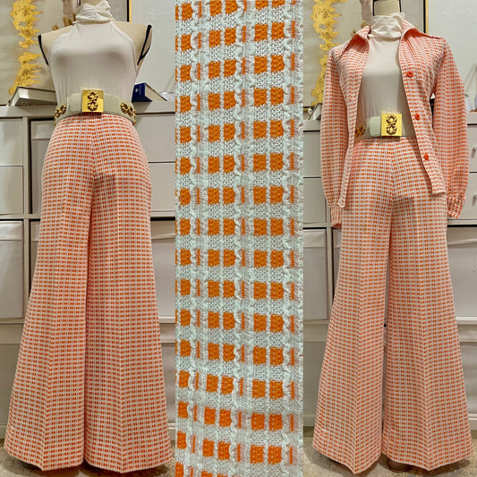 70’s 2-piece Pastel Orange Set (Shirt Jacket & High Rise Bell Bottoms) (S)