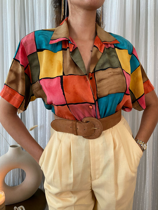 Colorful Block Short Sleeve Blouse