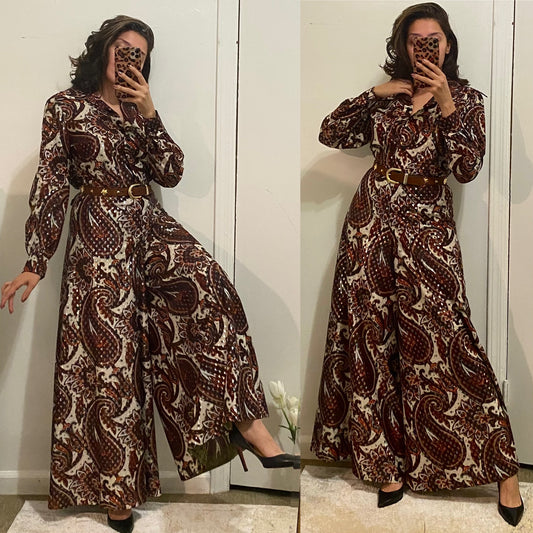 60's-70's 2pc Silver Lurex Paisley Palazzo Pantsuit (M-L)