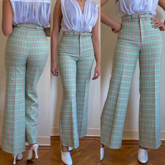 70's Pastel & Neon Rib Cage Plaid Bell Bottoms (XS-S)
