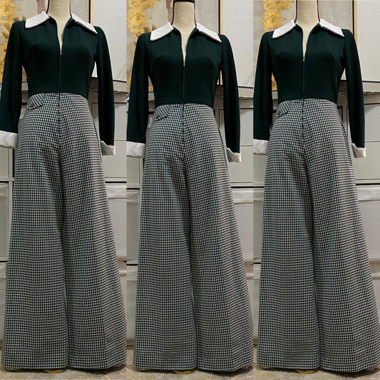 70s Houndstooth Wide Leg Jumpsuit (S, 26"W)