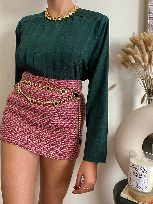 Paisley Pleated Long Sleeve Blouse;