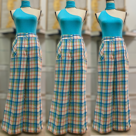 70's High Rise Plaid Bell Bottoms (M-L)