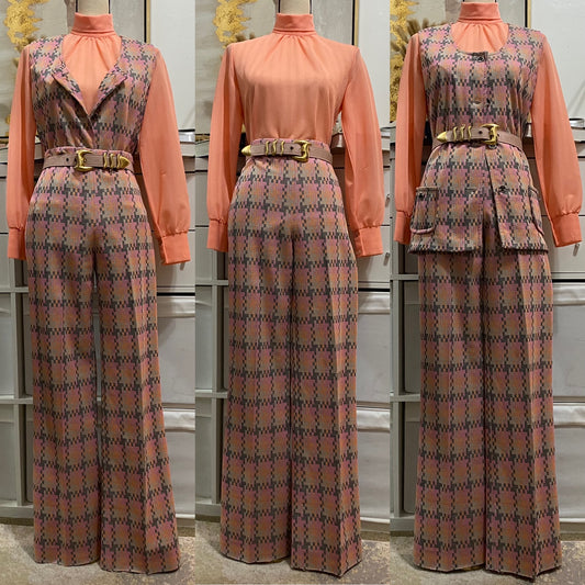 60's-70's Faded Pastel 2Pc Vest Pantsuit (M, 28"-33"W)